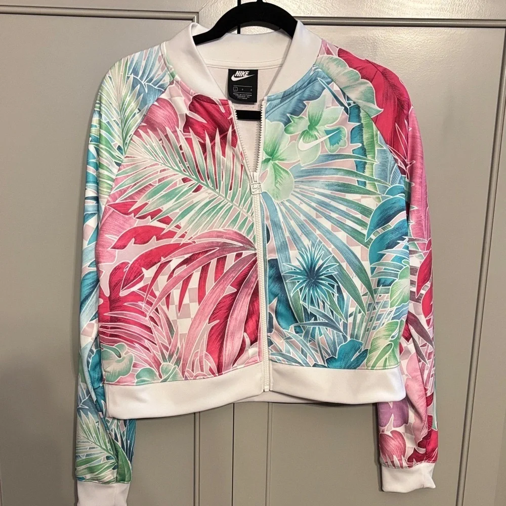 Nike Women’s Crop Track Jacket Botanical Leaves White Pink Blue L
